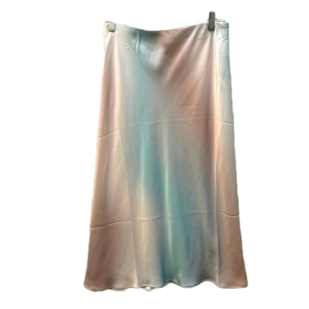 Aritzia Satin Midi Slip Skirt in Pastel Iridescent Blue-Pink